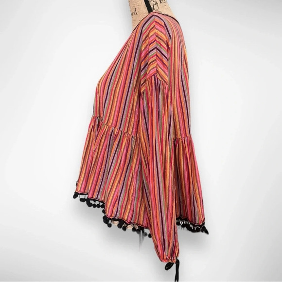 AMARYLLIS Women's Colorful Striped Long Sleeve Top With Pom Pom Trim Small | EUC - Picture 4 of 5